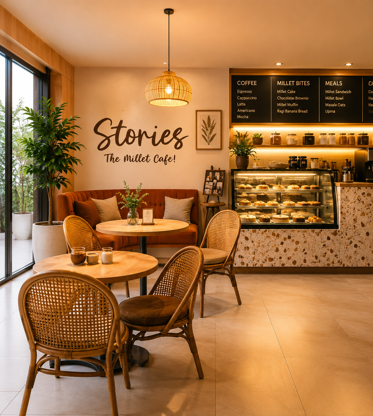 A warm Stories cafe interior at golden hour with timber tables and a counter