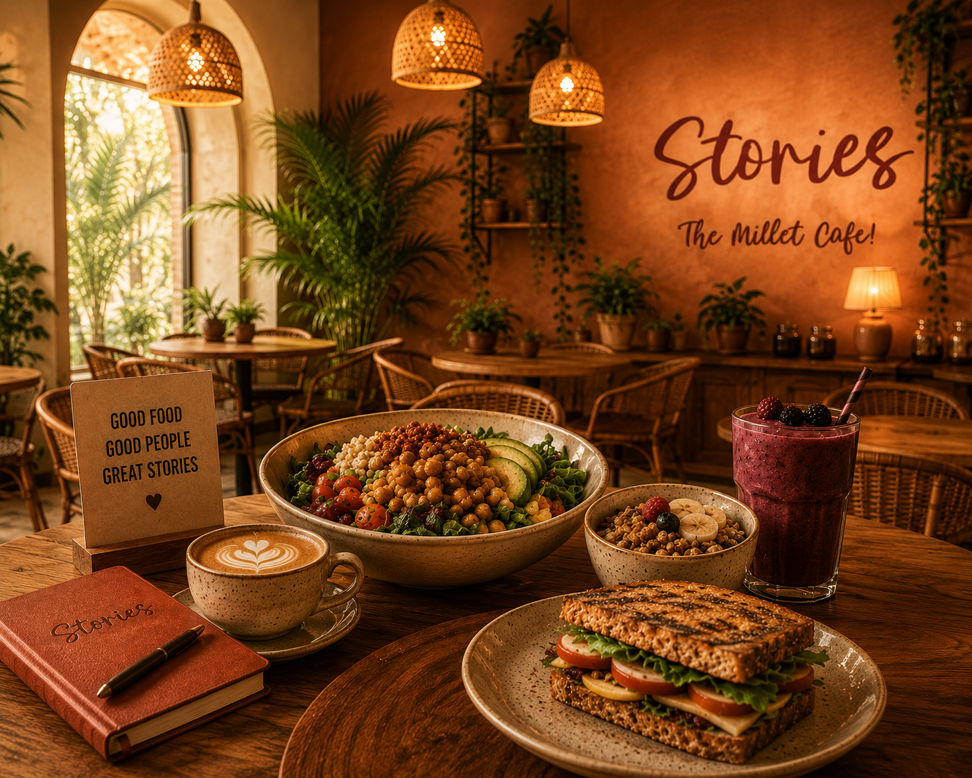 Friends sharing food at a Stories cafe table